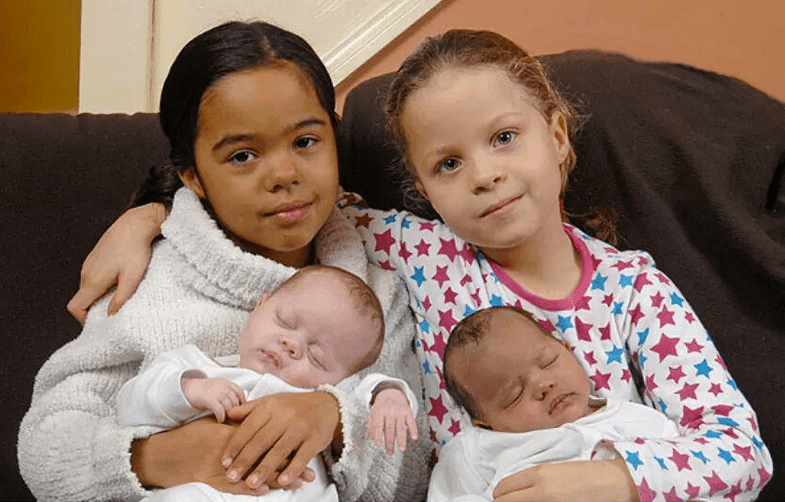 Two sets of twins with different skin color


